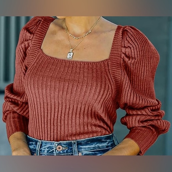 NANYUAYA Tops - Women's Square Neck Long Lantern Sleeve Sweater Fit Chunky Knitted Pullover